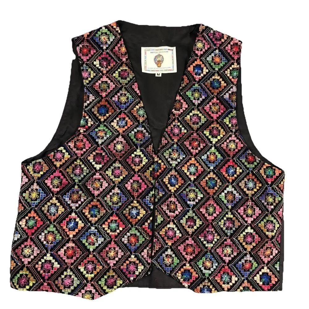 Anter Fashion Embroidered Vest Womens Medium Boho‎ Folk Geometric Rainbow Black